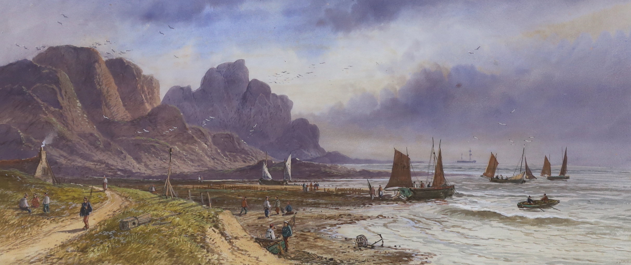 Leonard Lewis (1826-1913), pair of watercolours, Coastal scenes with fishermen, signed and indistinctly dated, 22 x 52cm